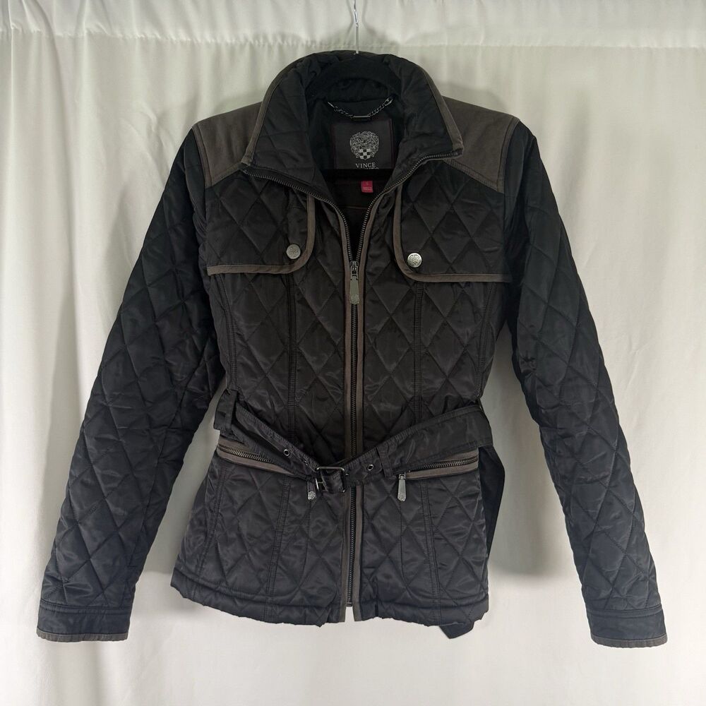 Vince Camuto Puffer Jacket Womens Small Black Full Zip Pockets Belted Turtleneck